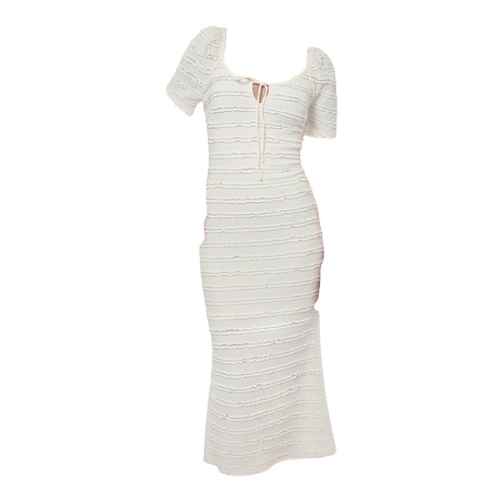 Adelyn Rae Stretch Texture Knit Scoop Neck Short Sleeve Midi Dress Cream Size XS